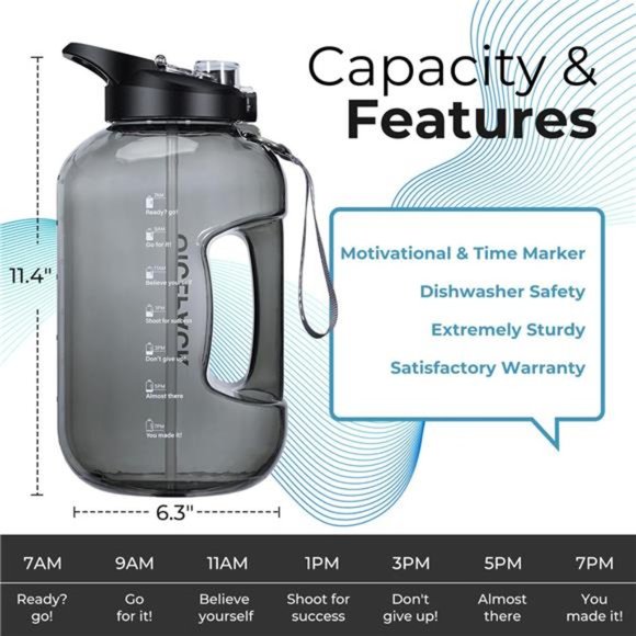 128 oz Water Bottle 2 in 1 Lid - 1 Gallon Water Jug Motivational Water Bottles - Picture 5 of 7